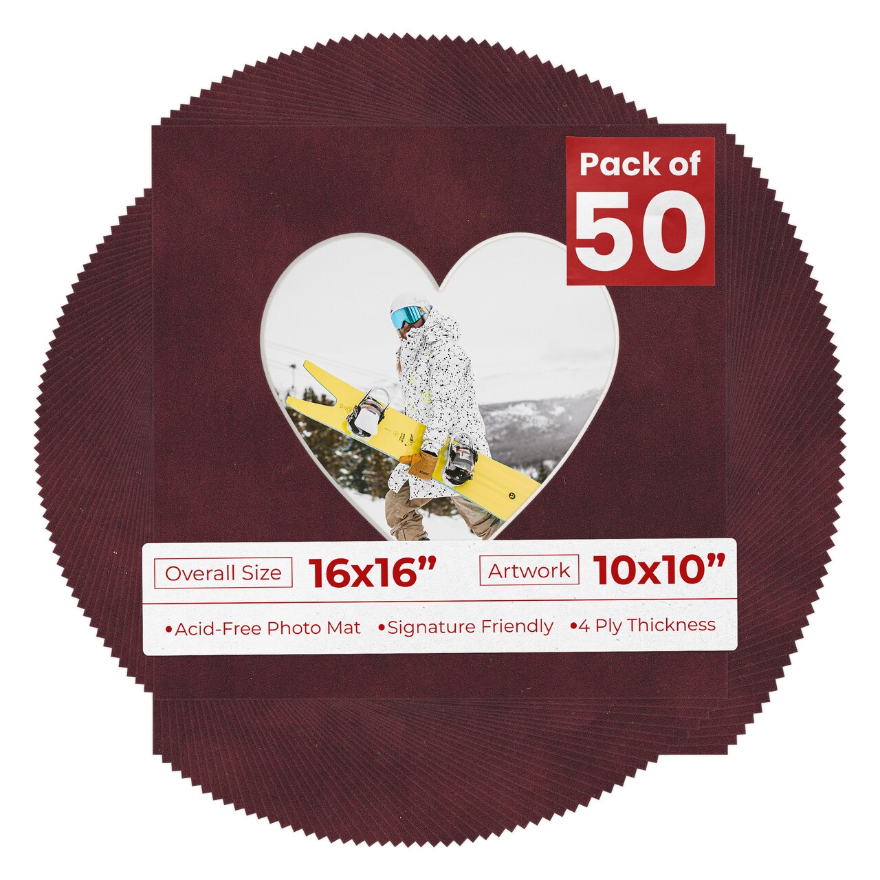 Dark Red Suede Mat Board for 16x16 Frames - Heart Opening for 10x10 Photos